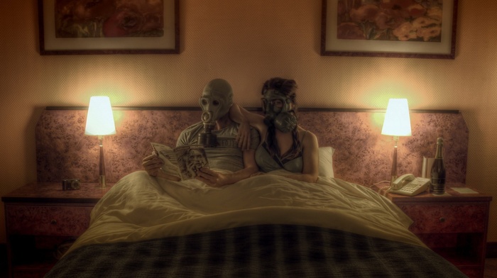in bed, lamps, sitting, gas masks, painting, reading, bedrooms, photo manipulation, couple