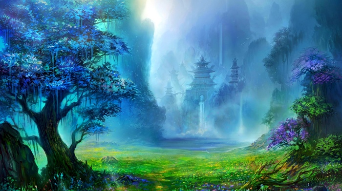 waterfall, water, landscape, nature, fantasy art, Asian architecture, mountain, trees, artwork, digital art, pagoda