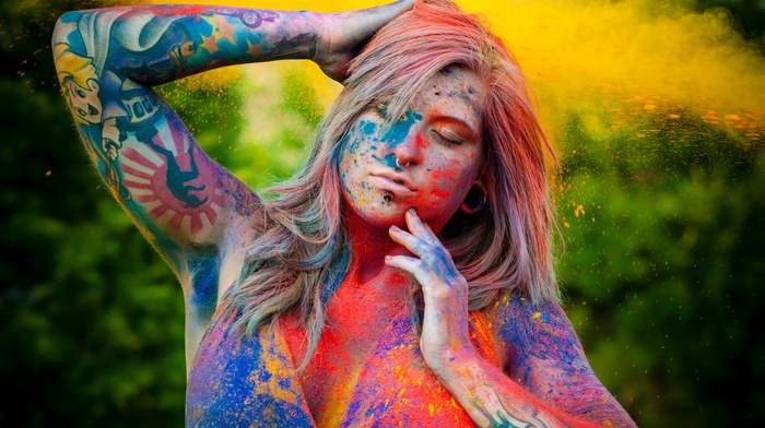 body paint, piercing, tattoo, nose rings, colorful, closed eyes, hands on head, girl, blonde
