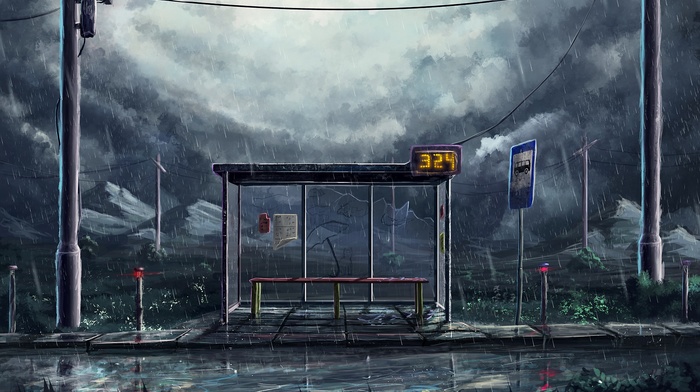 bus stations, utility pole, artwork, Sylar, signs, power lines, rain