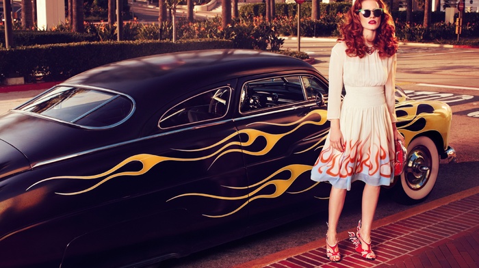 model, car, girl, fire, Jessica Chastain, redhead