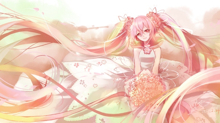 flower petals, long hair, Hatsune Miku, Sakura Miku, anime, white dress, flower in hair, twintails, Vocaloid, anime girls, flowers