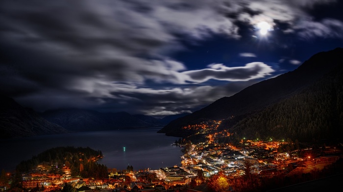long exposure, building, hill, trees, night, New Zealand, lights, clouds, cityscape, city, landscape, bay, forest, moonlight