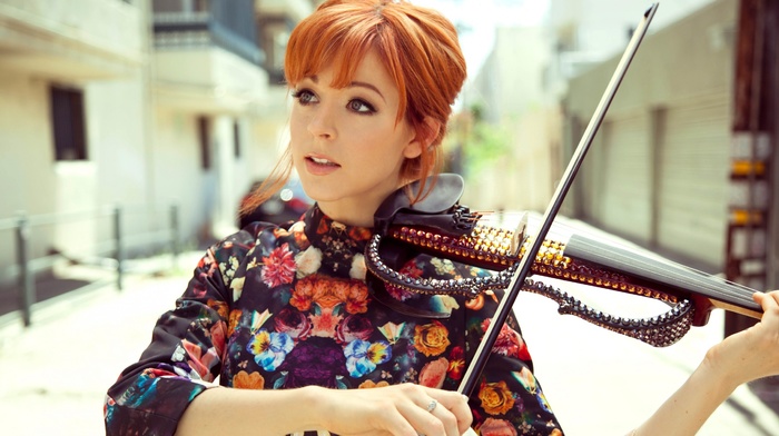 lindsey stirling, dress, street, open mouth, girl, musicians, girl outdoors, face, short hair, blue eyes, violin, playing, Artist, redhead
