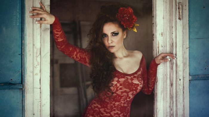 flower in hair, brunette, model, girl, red dress