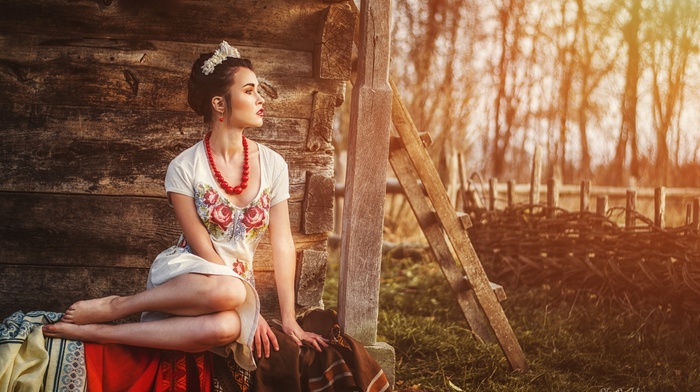 girl, sunset, red lipstick, brunette, legs together, model, dress