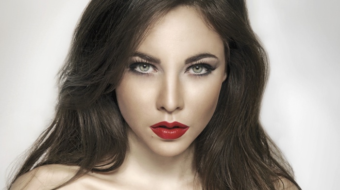 face, red lipstick, green eyes, brunette, model, girl