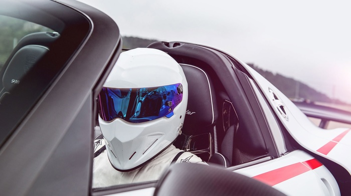The Stig, men, Top Gear, sports car, Porsche, Porsche 918 Spyder, helmet, reflection