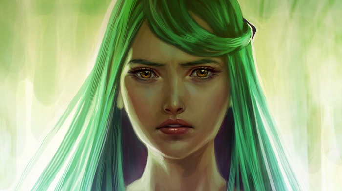 face, green hair, artwork, yellow eyes, girl