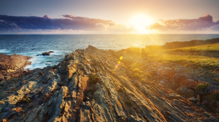 rock, lens flare, nature, water, landscape, sea, sunset, sunlight