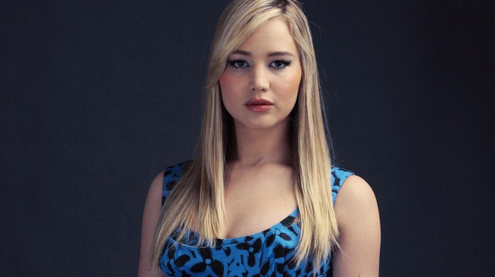 straight hair, actress, girl, blue clothes, Jennifer Lawrence, blonde, celebrity