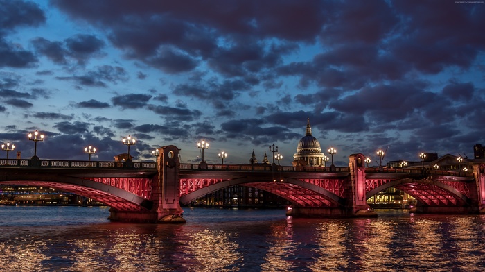 city, London, landscape, cathedral, River Thames, night