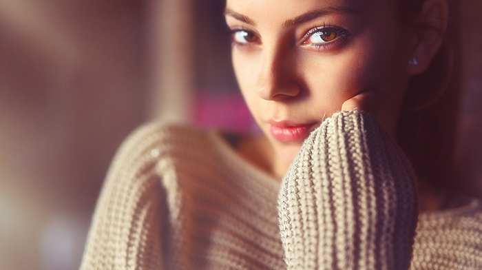 sweater, face, brown eyes, girl, model, looking at viewer, brunette
