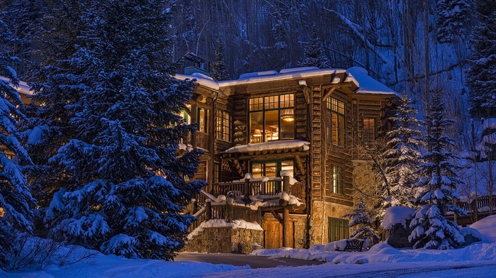 architecture, winter, snow, USA, trees, luxury, forest, wood, lights, evening, Colorado, nature, house