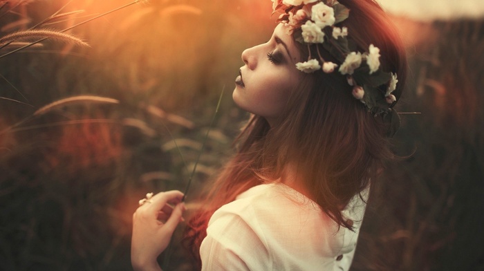 girl, girl outdoors, brunette, smoky eyes, flower in hair, closed eyes, flowers