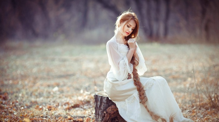 white dress, long hair, dress, girl, braids, redhead, girl outdoors