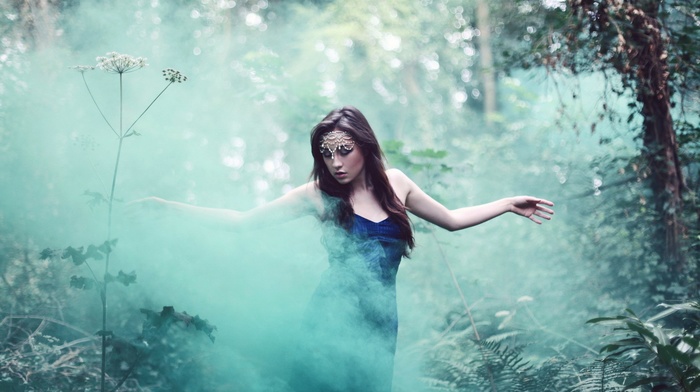 forest, closed eyes, dress, nature, girl outdoors, smoke, girl