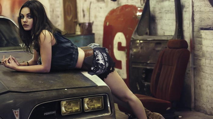girl with cars, brunette, garages, actress, Mila Kunis