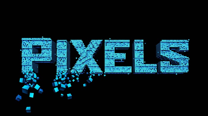 pixels, movies, pixel art, typography, cube, digital art, black background, 3D