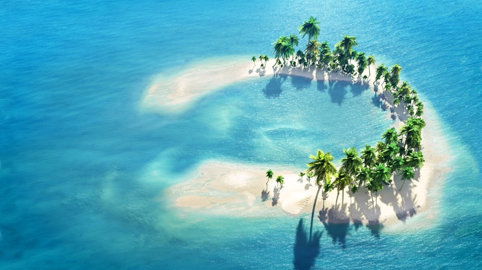 palm trees, digital art, sea, artwork, island