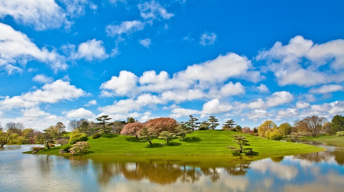 nature, water, trees, garden, hill, lake, grass, reflection, landscape, island, clouds, park