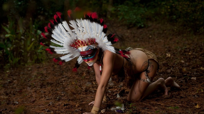 tattoo, nature, girl outdoors, native americans, model, girl, barefoot, feathers, headdress, face paint, trees