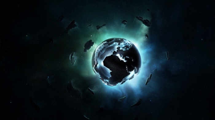 stars, pixels, Earth, Europe, space, cube, continents, 3D, planet, digital art, Africa