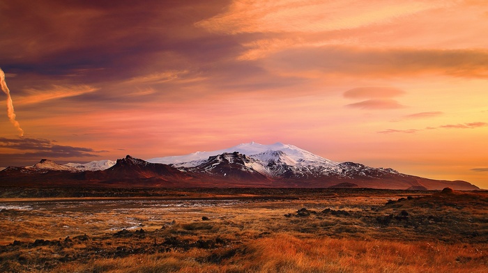 snow, sunset, landscape, nature, tundra, Iceland, clouds, mountain