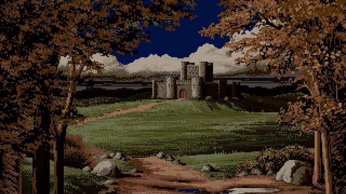 castle, pixels, pixel art, clouds, trees, landscape, hill