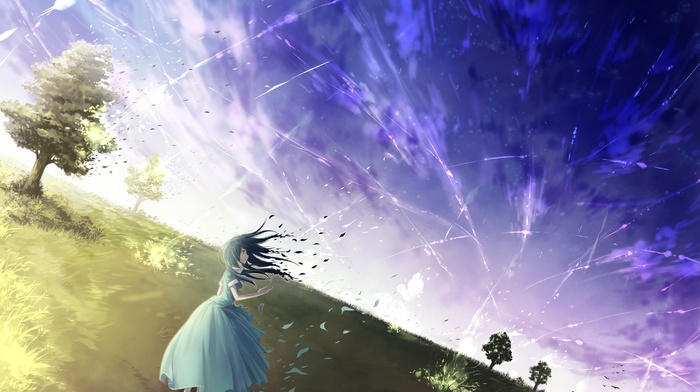 dress, sky, field, anime, landscape