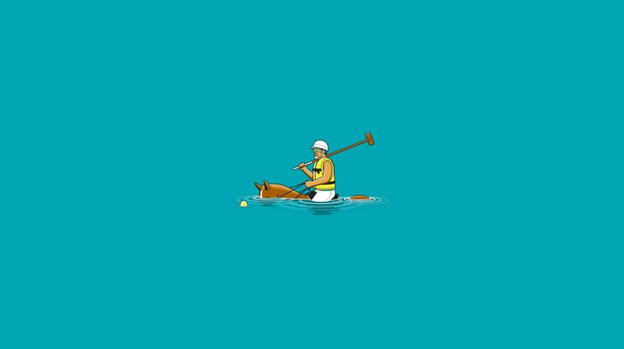 ball, horse, humor, sports, blue background, water, minimalism, drown, polo