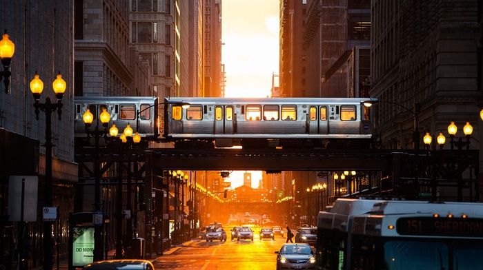 architecture, car, orange, metro, street, USA, time, Chicago, urban, street light, city, abstract, sunlight, buses