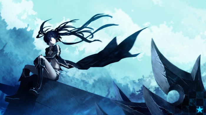 fiery eyes, long hair, clouds, Kuroi Mato, sitting, anime girls, boots, wind, twintails, anime, Black Rock Shooter, sky