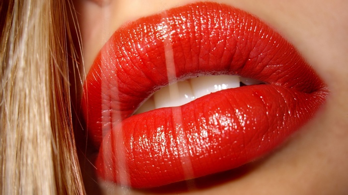 red lipstick, model, shiny, teeth, girl, open mouth, long hair, macro, lips, blonde