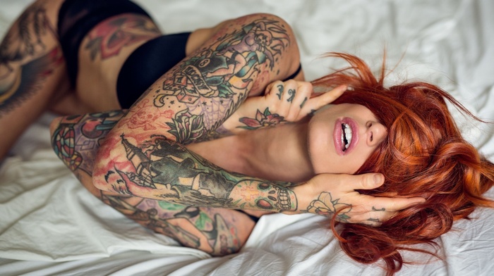blindfold, hair in face, model, in bed, redhead, Anne Lindfjeld, tattoo, girl