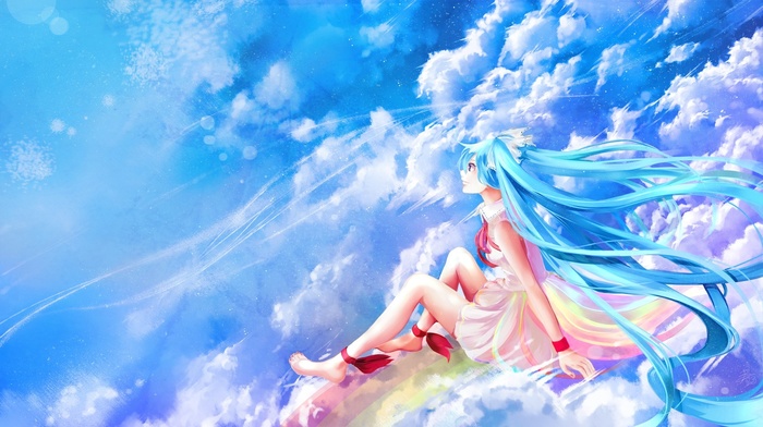 anime girls, anime, clouds, Hatsune Miku, Vocaloid, sitting, colorful