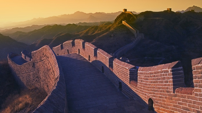sunset, hill, architecture, Great Wall of China, landscape, China