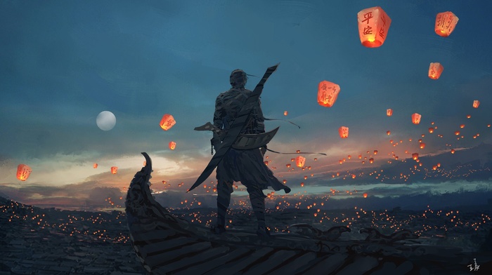 warrior, sky lanterns, sea, moon, artwork
