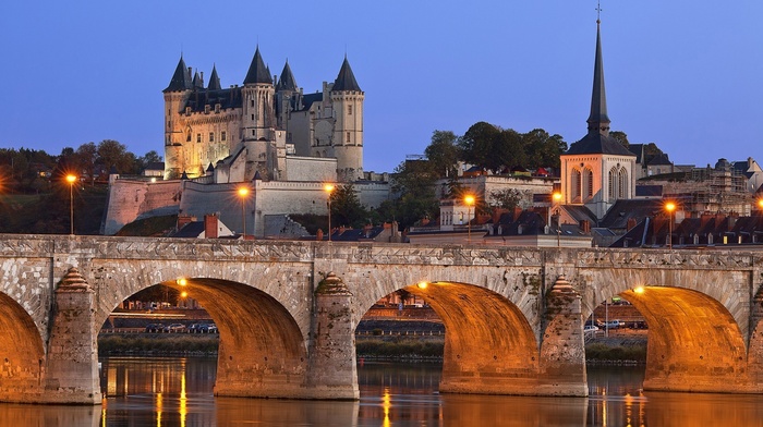 France, river, evening, cityscape, castle, trees, church, tower, architecture, lamps, bridge, lights