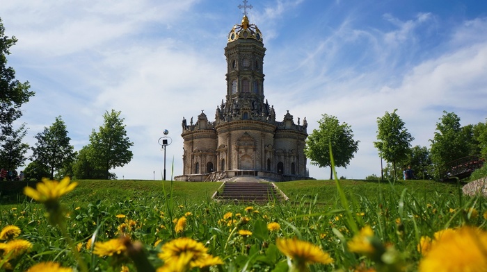 grass, church, sculpture, Russia, trees, flowers, stairs, field, nature, landscape, architecture, clouds