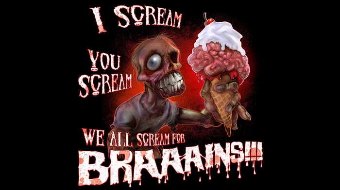 brains, whipped cream, zombies, humor, screaming, black background, ice cream, drawing