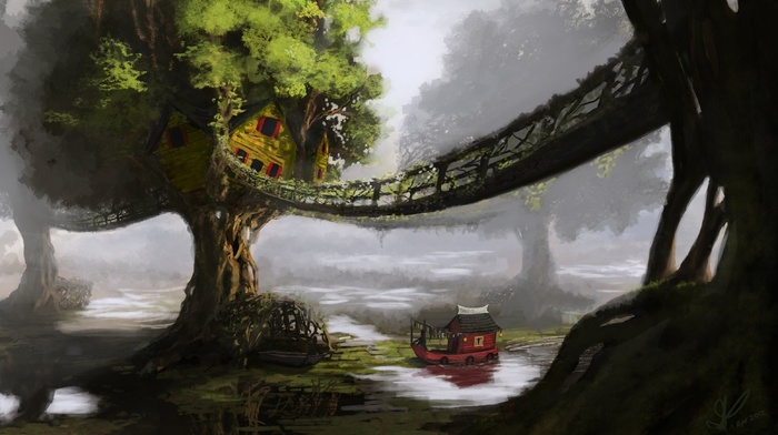 bridge, fantasy art, boat, trees, water, artwork, nature, house, digital art