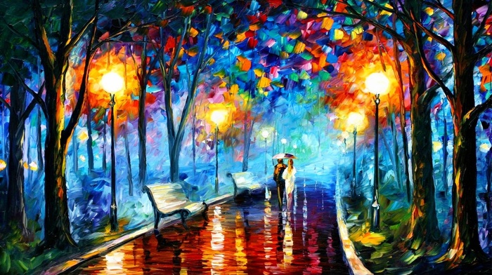 Leonid Afremov, park, street light, rain, painting, trees, colorful