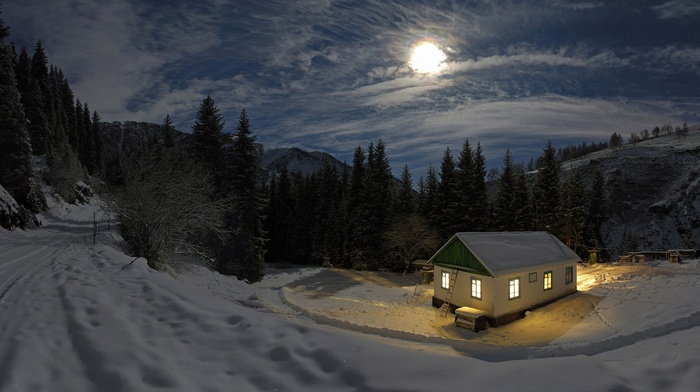 forest, rock, clouds, lights, winter, house, moonlight, night, trees, mountain, nature, snow, moon, landscape