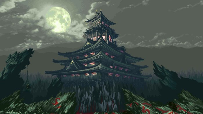moon, house, 8, bit, pixel art, pixels, Asian architecture, clouds, rock