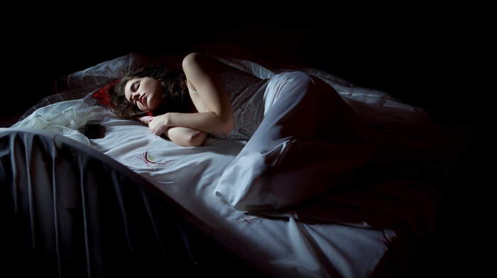 in bed, long hair, black background, brunette, model, sleeping, closed eyes, white dress, girl