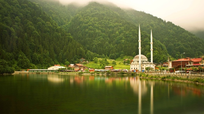 mist, Turkey, mosques, trees, forest, lake, reflection, Trabzon, nature, landscape, hill, Uzungl