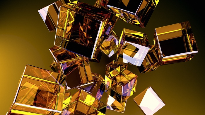 digital art, minimalism, reflection, yellow background, cube, geometry, gold, abstract