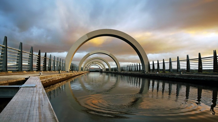 reflection, water, fence, architecture, UK, canal, clouds, Falkirk Wheel, wheels, Scotland, arch, ripples