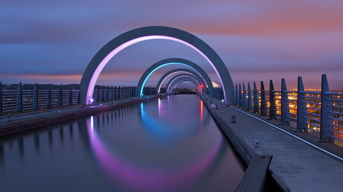 Falkirk Wheel, water, fence, long exposure, clouds, wheels, evening, lights, reflection, architecture, arch, UK, canal, Scotland